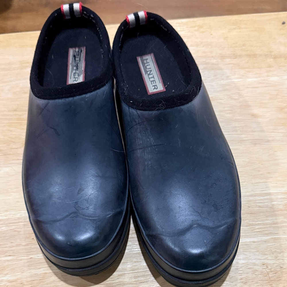 Hunter Black Slip-On Rain Clogs with Red-White Heel Tab